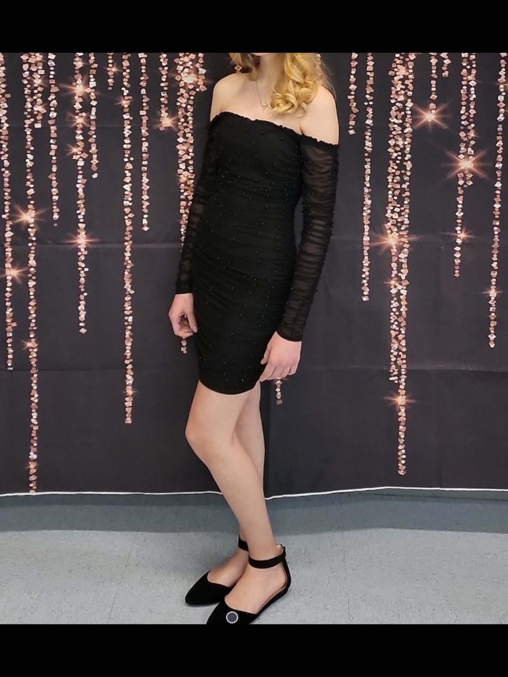 Off-Shoulder Black Sheath Dress with Sheer Sleeves & Black Pearl Details